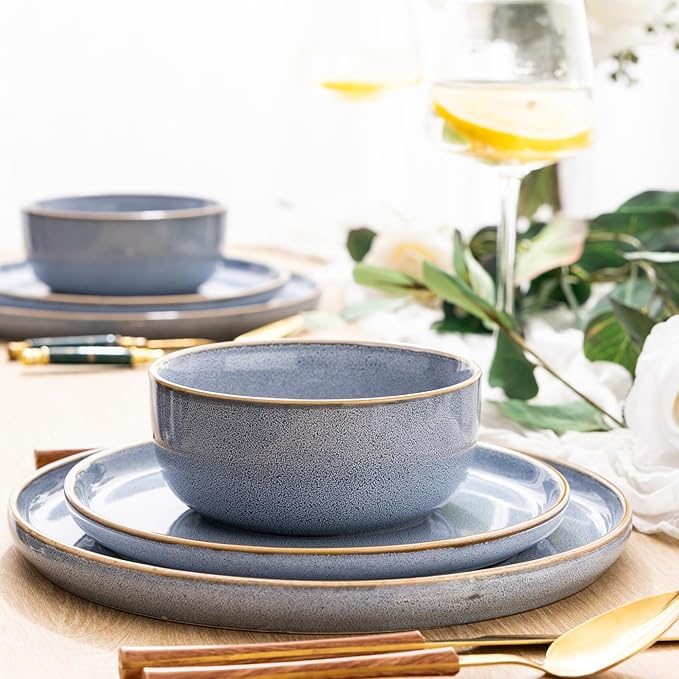 GBHOME Ceramic Dinnerware Sets for 8, 24 Pieces Stoneware Plates and Bowls Sets, Scratch Resistant Dishes, Dishwasher &amp; Microwave Safe, Reactive Glaze-Brunnera Blue
