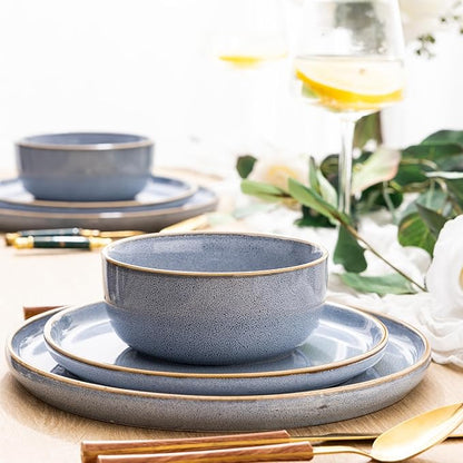 GBHOME Ceramic Dinnerware Sets for 8, 24 Pieces Stoneware Plates and Bowls Sets, Scratch Resistant Dishes, Dishwasher &amp; Microwave Safe, Reactive Glaze-Brunnera Blue