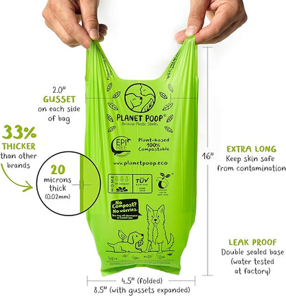 PLANET POOP Home Compostable Dog Poop Bags Extra Long with Handles | Large Single Roll 200 Grab &amp; Go | Un-scented Dog Waste Bag | Leakproof Doggy &amp; Cat Bags | Plant-Based Pet Supplies