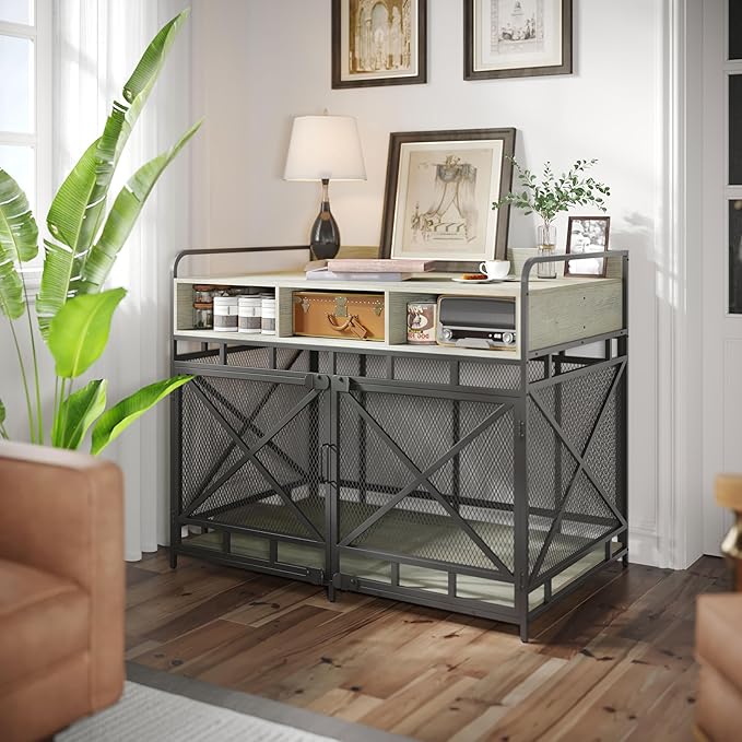 Dog Crate Furniture, 43" Heavy Duty Wooden Dog Crate End Table, XL Dog Kennel Furniture Large Breed, Decorative Dog Kennel Indoor with 3 Drawers &amp; Steel Tubes 43" L x28 W x36 H (Grey)