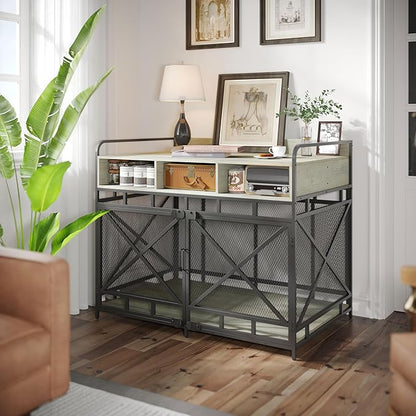 Dog Crate Furniture, 43" Heavy Duty Wooden Dog Crate End Table, XL Dog Kennel Furniture Large Breed, Decorative Dog Kennel Indoor with 3 Drawers &amp; Steel Tubes 43" L x28 W x36 H (Grey)