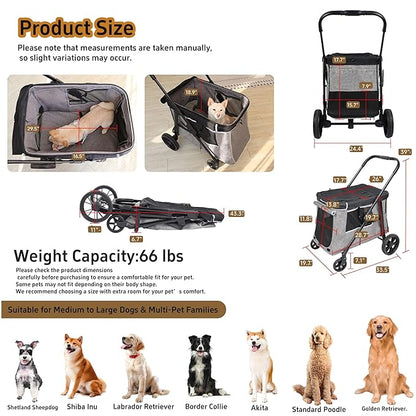 Medium Dog Stroller for Small to Large Dogs 4 Wheels Multi Pet Stroller for 4 Dogs Holds Up to 66lbs, One-Click Folding&amp;Smooth Tires&amp;Sunshade &amp; Storage Basket (Gray, Medium)