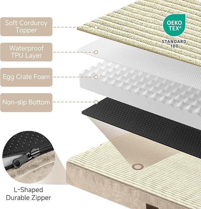 OhGeni Orthopedic Waterproof &amp; Machine Washable Dog Bed for Medium Large Pets, Suitable for Crates, Cat Mat with 25D Egg Crate Foam, Removable Cover &amp; Invisible Zipper, 35 Inches(Khaki)