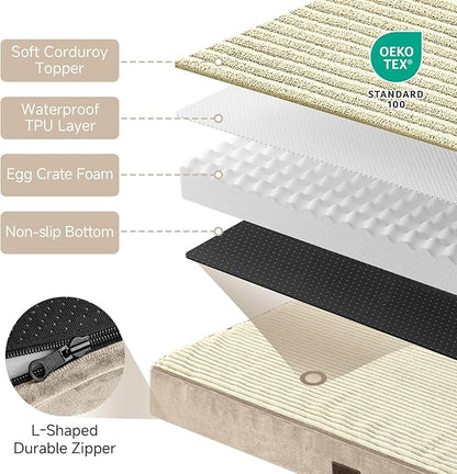 OhGeni Orthopedic Waterproof &amp; Machine Washable Dog Bed for Medium Large Pets, Suitable for Crates, Cat Mat with 25D Egg Crate Foam, Removable Cover &amp; Invisible Zipper, 35 Inches(Khaki)