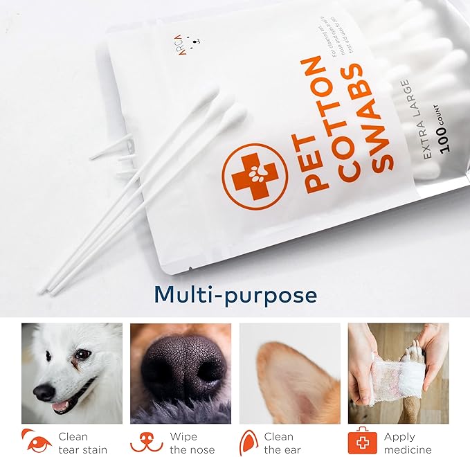 Cotton Swabs for Dogs and Cats - Cat &amp; Dog Ear Cleaner Long Cotton Swab - Extra Large Cotton Head, Cat &amp; Dog Ear Cleaning Kit for Puppies, Multipurpose Pet Cotton Swabs (Extra Large 100 Buds)