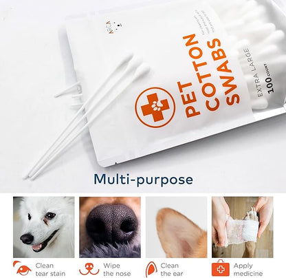 Cotton Swabs for Dogs and Cats - Cat &amp; Dog Ear Cleaner Long Cotton Swab - Extra Large Cotton Head, Cat &amp; Dog Ear Cleaning Kit for Puppies, Multipurpose Pet Cotton Swabs (Extra Large 100 Buds)