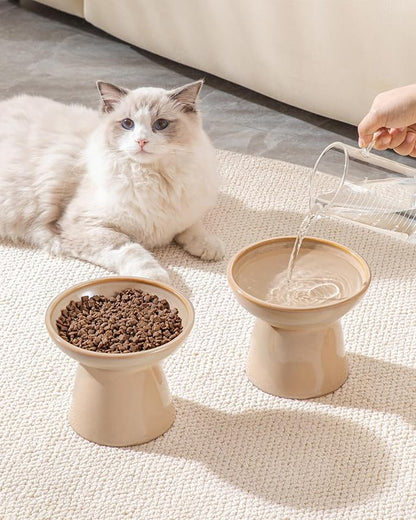 vancasso Ceramic Elevated Cat Bowls 2-Pack - 6.2" Extra Wide Raised Cat Food &amp; Water Dishes, 5.1" Optimal Height Anti-Whisker Fatigue Shallow Bowls for Cats/Kittens/Dogs, Lead &amp; Cadmium Free (Brown)