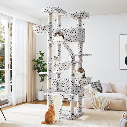 Allewie 81 Inches Tall Cat Tree/Multi-Level Large Climbing Tree House and Towers for Big Feline/Condo and Hammock/Scratching Post/Wide Base/White &amp; Black Spot