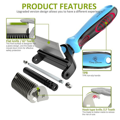 Spring Blossoms-2 in 1 Professional Grooming Rake for Cats &amp; Dogs-Dematting Comb for Easy Mats &amp; Tangles Removing,Pet Brush Safe No More Nasty Shedding and Flying Hair (Blue)