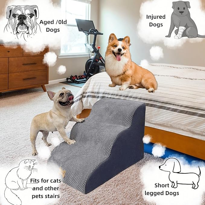 3-Step Dog Stairs for High Beds &amp; Couches Multi-Step Non-Slip Pet Steps with Balanced Ramp Indoor 2 3 4 5 Step Stairs for Small to Large Dogs and Cats Non-Slip Stickers 30D Grey