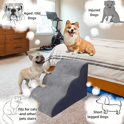 3-Step Dog Stairs for High Beds &amp; Couches Multi-Step Non-Slip Pet Steps with Balanced Ramp Indoor 2 3 4 5 Step Stairs for Small to Large Dogs and Cats Non-Slip Stickers 30D Grey