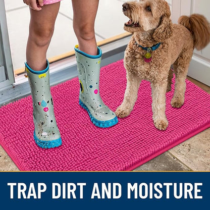 Smiry Dog Door Mat for Muddy Paws 48x30, Absorbs Moisture and Dirt Doormat, Non-Slip Washable Quick Dry Chenille Front Door Mat Indoor Entrance, Entryway Carpet for Inside Floor, Hot Pink