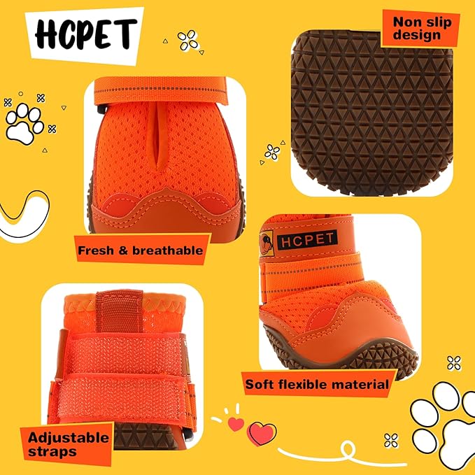 Hcpet Dog Shoes for Large Dogs, Breathable Dog Booties for Small Medium Dogs, Anti-Slip Dog Boots &amp; Paw Protectors for Hot Pavement Winter Snow Hiking with Reflective Straps Orange Size 5