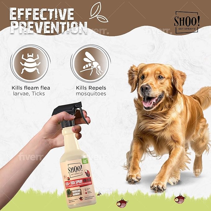 Shoo! Flea &amp; Tick Spray for Dogs and Home | Plant Based, Natural Oils, Chemical Free Formula | Kills, Repels, Prevents | 16 oz (Woodland Harmony)