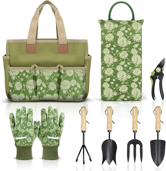 Colwelt Garden Tools Set, 8 Piece, Heavy Duty Gardening Tools with Wooden Handle, Including Garden Tote, Kneeling Pad, Gloves, Pruner, Trowel, Tulip Trowel, Cultivator - Gardening Gifts for Women Men