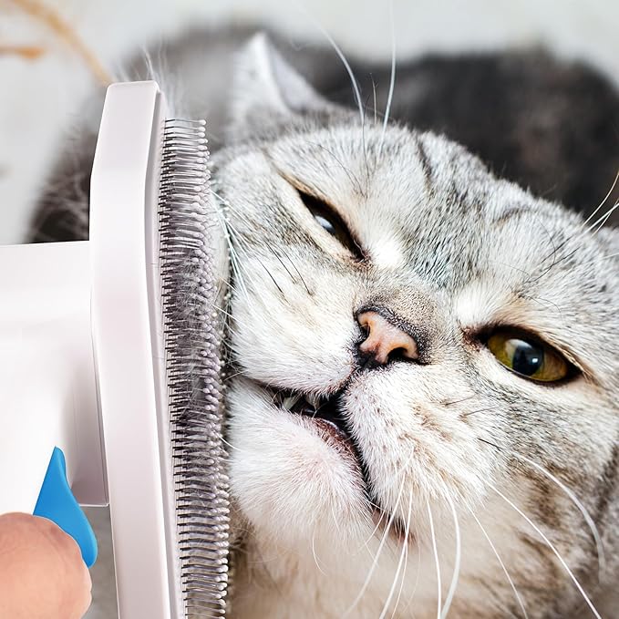 Self Cleaning Slicker Dog Cat Brush for Shedding - Deshedding Tool with Max Massage Tips, Grooming Brush for Short Medium Haired Cats &amp; Dogs (Blue)