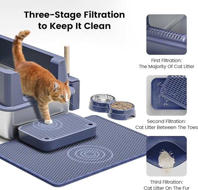 Stainless Steel Cat Litter Box - Enclosed XL Metal Kitty Litter Box with Lid for Big Cats, High Sided, Anti-Leakage, Easy Cleaning, Non-Sticky, Included Litter Mat, Cat Bowl &amp; Spoon
