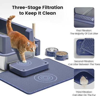 Stainless Steel Cat Litter Box - Enclosed XL Metal Kitty Litter Box with Lid for Big Cats, High Sided, Anti-Leakage, Easy Cleaning, Non-Sticky, Included Litter Mat, Cat Bowl &amp; Spoon