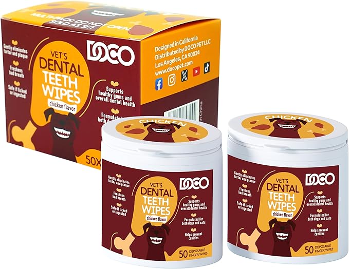 DOCO Dog Teeth Cleaning Wipes Dental Finger Wipes for Cats &amp; Dogs Remove Plaque &amp; Tartar, Freshen Breath, No Rinse, Easy &amp; Effective Pet Tooth Cleaning Kit for Oral Care, Chicken Flavor, 100 Count