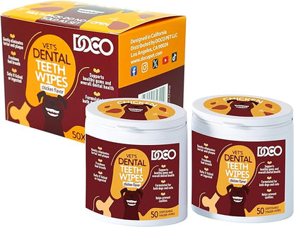 DOCO Dog Teeth Cleaning Wipes Dental Finger Wipes for Cats &amp; Dogs Remove Plaque &amp; Tartar, Freshen Breath, No Rinse, Easy &amp; Effective Pet Tooth Cleaning Kit for Oral Care, Chicken Flavor, 100 Count