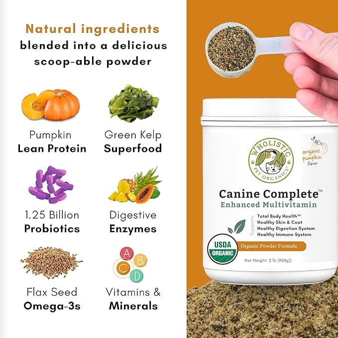Wholistic Pet Organics Canine Complete - Dog Multivitamin Powder - 2 Lb - Daily Dog Vitamins and Supplements for Homemade Food - Immune System, Skin, Coat &amp; Overall Health - Small and Large Breed