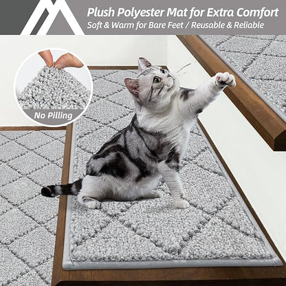 COSY HOMEER Edging Stair Treads Non-Slip Carpet Mat 28inX9in Indoor Stair Runners for Wooden Steps, Edging Stair Rugs for Kids and Dogs, 100% Polyester TPE Backing (10pc, Grey)
