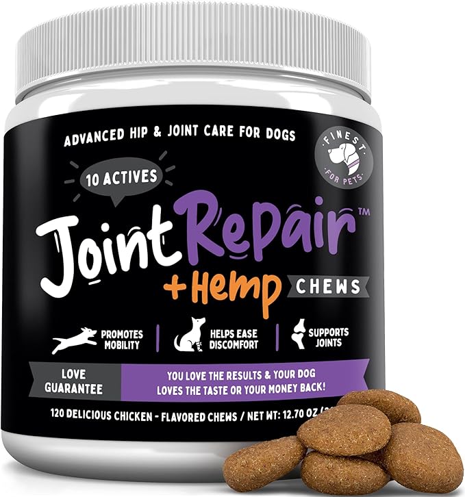 Joint Repair Hip and Joint Chews for Dogs Glucosamine, Chondroitin, MSM, Hemp, Omega 3 &amp; Turmeric for Dog Joint Support, Mobility &amp; Pain Relief - (120 Chicken Chews, Made in USA)