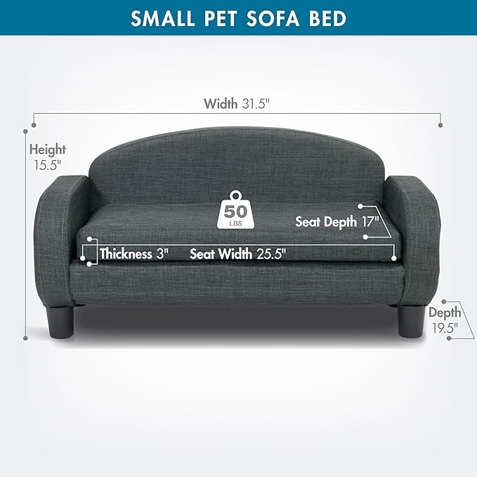 Paws &amp; Purrs Cat Sofa Bed, Pet Couch for Indoor Cats Elevated Cat Beds with Removable Washable Mattress Cover for Kitten, Puppy or Small Animal- 31.5" Wide, Gray