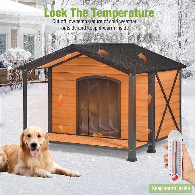 Dog House Outdoor Large Insulated Dog Kennel with Liner for Winter Waterproof Dog Cage for Small &amp; Medium &amp; Large Dogs,Unique All-Around Iron Frame