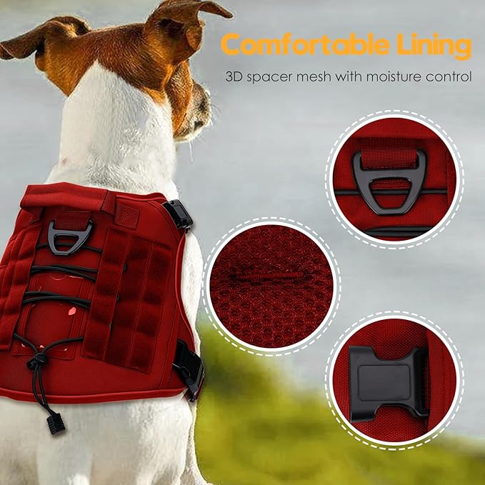 Heavy-Duty Tactical Dog Harness for Large Dogs, No Pull Adjustable Reflective Pet Vest with Molle System, K9 Military-Grade Control for Service Training, Outdoor &amp; 10+ Breeds, Red, XX-Large