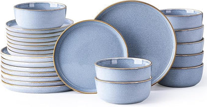 GBHOME Ceramic Dinnerware Sets for 8, 24 Pieces Stoneware Plates and Bowls Sets, Scratch Resistant Dishes, Dishwasher &amp; Microwave Safe, Reactive Glaze-Brunnera Blue