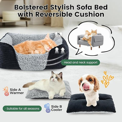 Miguel Washable Dog Bed for Small Dogs, Easy to Wash Cat Sofa Bed with High Sides, Rectangle Bolster Cat Bed Calming Cuddle Puppy Bed with Anti-Slip Bottom, Black 20 Inch