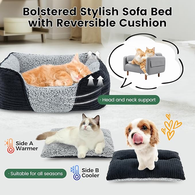 Miguel Washable Dog &amp; Cat Bed with Removable Cushion for Medium &amp; Small Dogs, Easy to Wash Pet Sofa Bed with Side Bolster, Anti-Slip Bottom, Black, 30 Inch