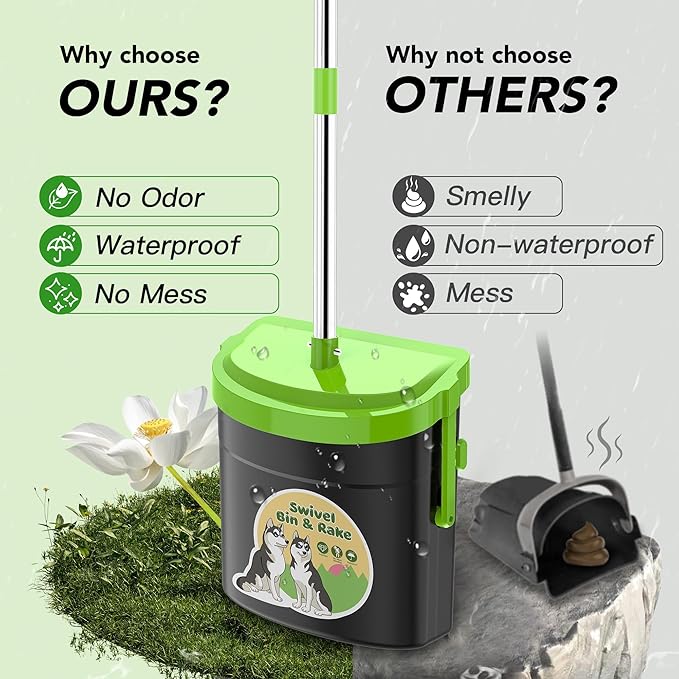 UPSKY Dog Pooper Scooper Swivel Bin &amp; Rake Kit with 100 Waste Bags,33.4" Stainless Steel Long Handle Heavy Duty Pet Poop Shovel for Large Medium Small Dogs, Odor-Proof Lid for Yard/Lawn/Outdoor Use