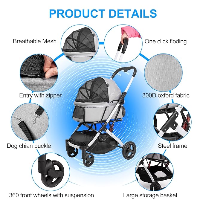 Pet Stroller for Medium Small Dog &amp; Cat, Foldable Lightweight Dog Stroller with Storage Basket Pet Travel Carriage with Safety Leashes, 4 Wheel, Gray