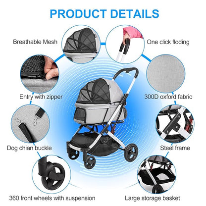 Pet Stroller for Medium Small Dog &amp; Cat, Foldable Lightweight Dog Stroller with Storage Basket Pet Travel Carriage with Safety Leashes, 4 Wheel, Gray