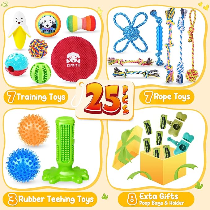KIPRITII 25 Pack Various Puppy Dog Toys for Teething, Entertainment &amp; Interaction, Puppy Chew Toys Pack with Rope Toy, Treat Balls and Dog Squeaky Toys for Puppies &amp; Small Dogs