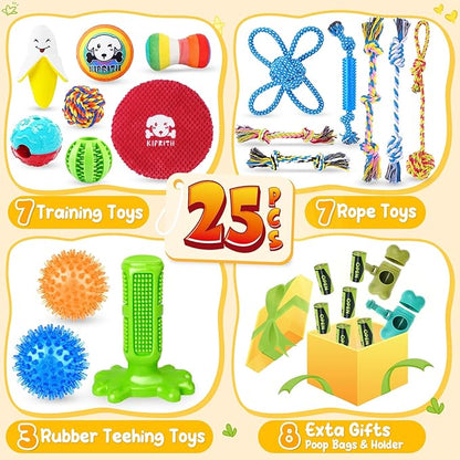 KIPRITII 25 Pack Various Puppy Dog Toys for Teething, Entertainment &amp; Interaction, Puppy Chew Toys Pack with Rope Toy, Treat Balls and Dog Squeaky Toys for Puppies &amp; Small Dogs
