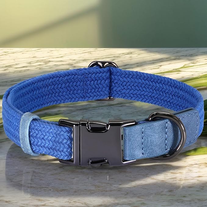 PET ARTIST Soft Cotton Dog Collars for Medium Dogs in Tranquil Blue, Simple Dog Collar with Quick Release Metal Buckle &amp; D Ring, M Size (13-21")