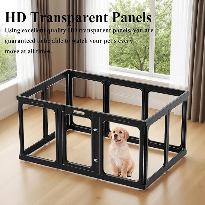 Clear Acrylic Dog Playpen with Door, for Puppy Cat Rabbit Transparent Pet Pen, Black Dog Playpen Indoor, Dog Fence, Easy Assemble &amp; Cleaning Dog Pen for Small &amp; Medium Dogs (23.6“ Height, 14PCS)