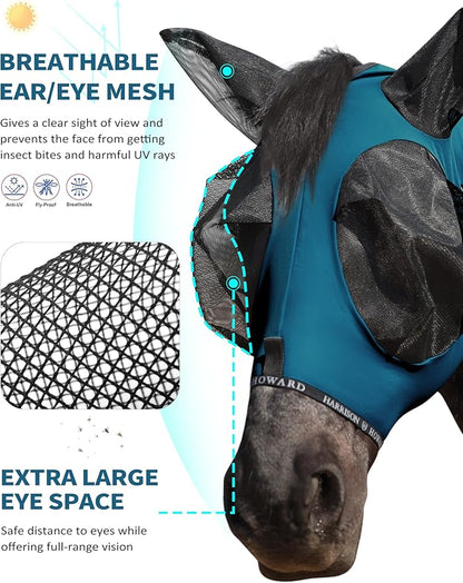 Harrison Howard Horse Fly Mask with Forelock Opening Stretch Breathable and Comfortable for Horses UV -Protection Peacock Blue M