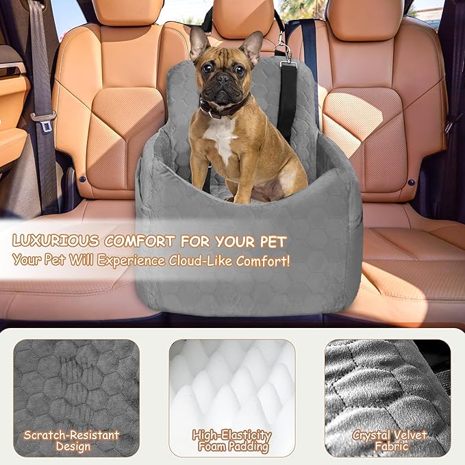 Dog Car Seat for Small/Medium Dogs - Dog Booster Seat with Safety Straps &amp; Non-Slip Base, Travel Pet Car Seat with Storage Pockets, Washable &amp; Removable, Suitable for Dogs Under 35 lbs (Gray)