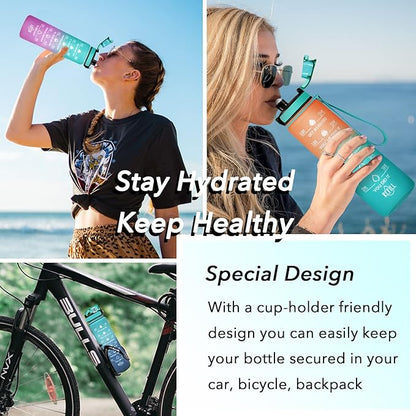 Enerbone Water Bottle, Leakproof BPA &amp; Toxic Free, Motivational Water Bottle with Times to Drink and Straw, Fitness Sports Water Bottle with Strap for Office, Gym, Outdoor Sports