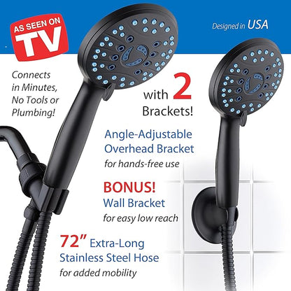 AquaCare High Pressure 8-mode Handheld Shower Head - Anti-clog Nozzles, Built-in Power Wash to Clean Tub, Tile &amp; Pets, Extra Long 6 ft. Stainless Steel Hose, Wall &amp; Overhead Brackets