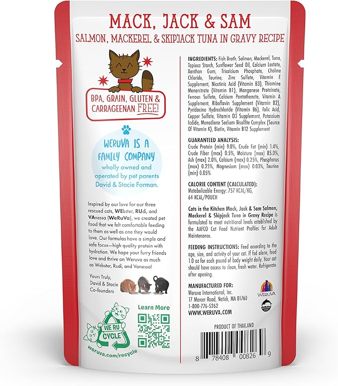 Weruva Cats in The Kitchen Mack, Jack &amp; Sam with Mackerel, Skipjack &amp; Salmon in Gravy Cat Food, 3oz Pouch (Pack of 12)