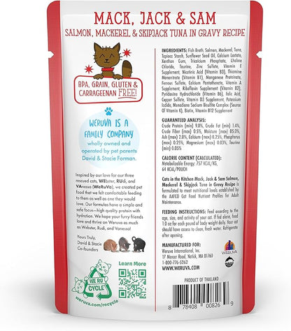Weruva Cats in The Kitchen Mack, Jack &amp; Sam with Mackerel, Skipjack &amp; Salmon in Gravy Cat Food, 3oz Pouch (Pack of 12)