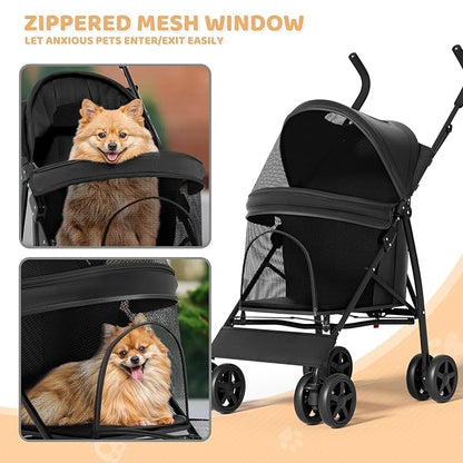 Magshion Compact Pet Stroller for Small-Medium Dogs/Cats up to 22lbs, 4-Wheel Lightweight Umbrella Shaped Portable Puppy Travel Jogger with Breathable Mesh, Cup Holder &amp; Rear Storage, Black