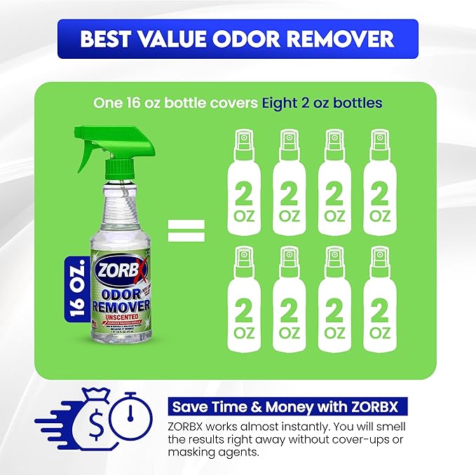 ZORBX Unscented Odor Eliminator for Strong Odor 16 Fl Oz - Used in Hospitals &amp; Healthcare Facilities - Advanced Trusted Formula, Fast-Acting Odor Remover Spray for Dog, Cat, House &amp; Carpet