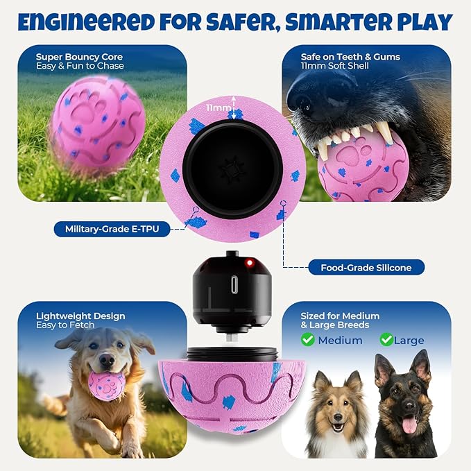 Dog Balls: Interactive Dog Ball Auto Rolling - Interactive Dog Toys for Aggressive Chewers - Bouncy &amp; Throwable, Type-C Rechargeable, Washable, for Small &amp; Medium &amp; Large Dogs – Pink