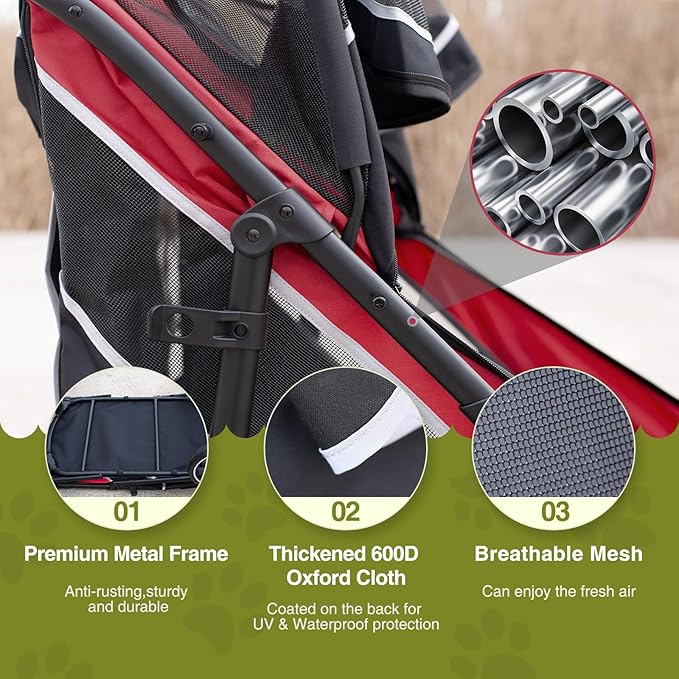 Dog Stroller for Medium/Large Dogs One-Click Folding, Extra Large Pet Stroller for 2 Dogs with Storage Pocket &amp; Shock Absorption, Up to 130 lbs, Red